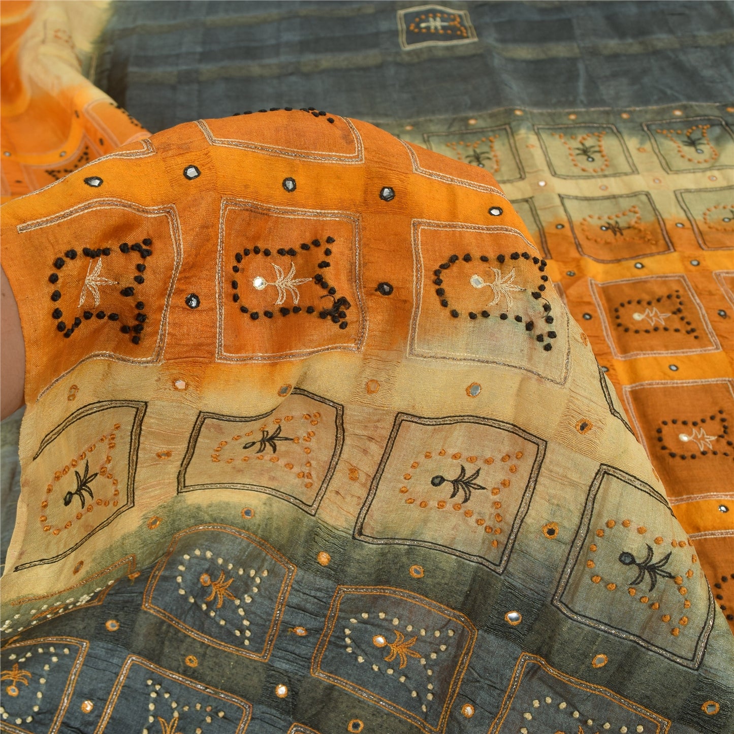 Sanskriti Vintage Sarees Gray & Yellow Pure Silk Hand Embroidery Sari 5+YDFabric