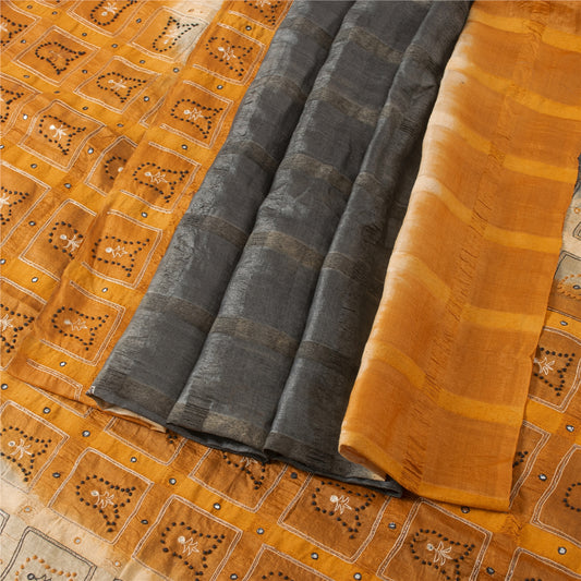 Sanskriti Vintage Sarees Gray & Yellow Pure Silk Hand Embroidery Sari 5+YDFabric