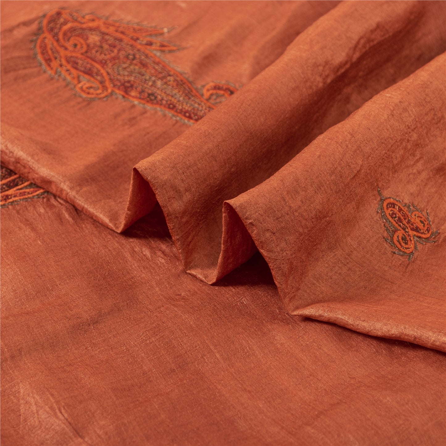 Sanskriti Vintage Brick Red Sarees Pure Silk Embroidered Patch Sari 5+yd Fabric
