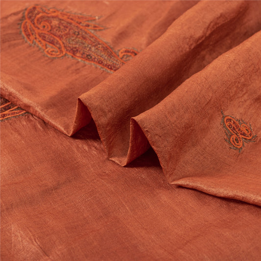 Sanskriti Vintage Brick Red Sarees Pure Silk Embroidered Patch Sari 5+yd Fabric