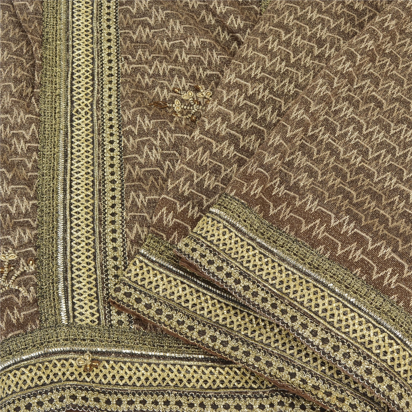 Sanskriti Vintage Brown Saree Net Mesh Hand Beaded Woven Fabric Sari