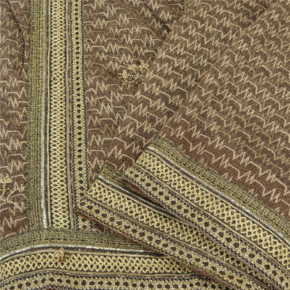 Sanskriti Vintage Brown Saree Net Mesh Hand Beaded Woven Fabric Sari