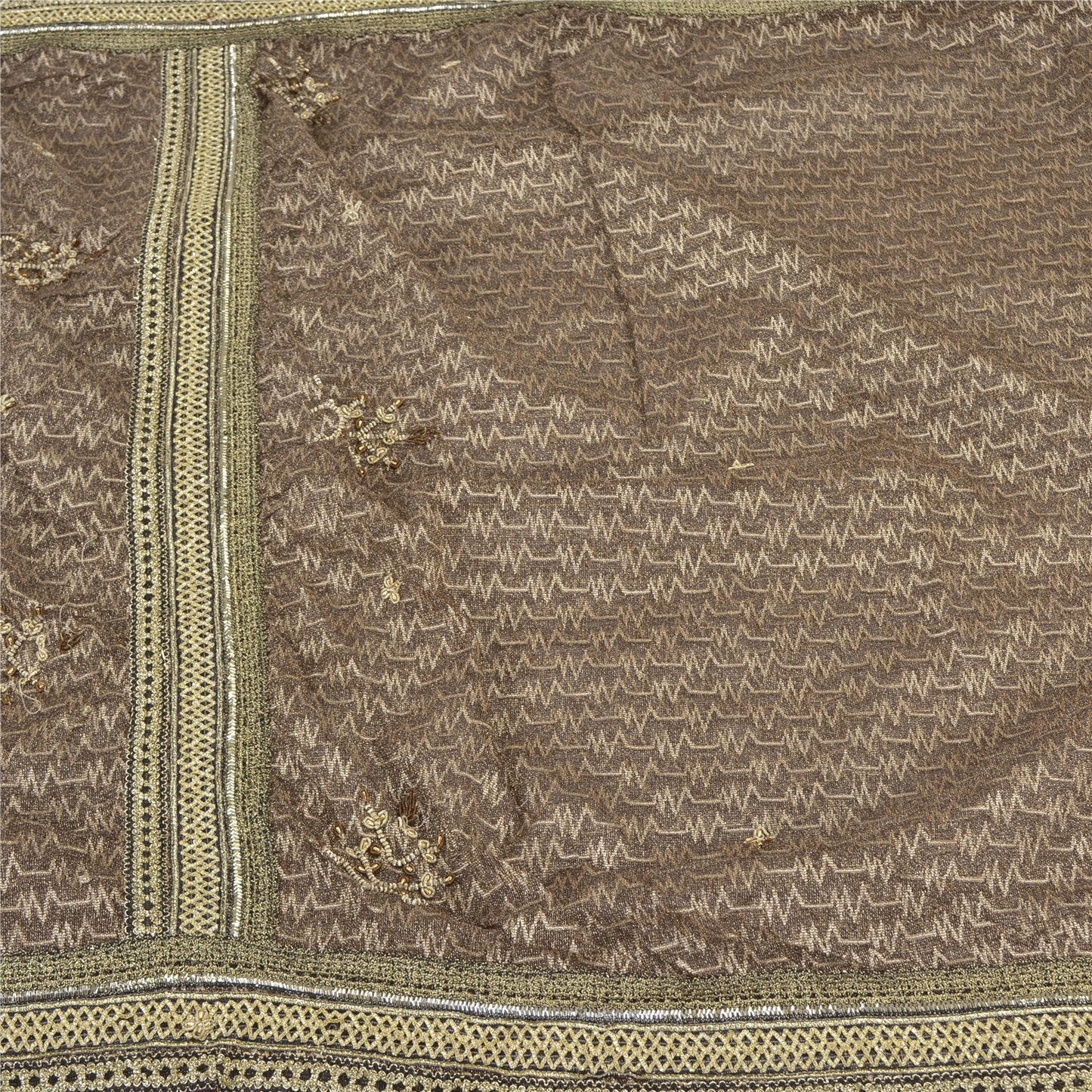 Sanskriti Vintage Brown Saree Net Mesh Hand Beaded Woven Fabric Sari