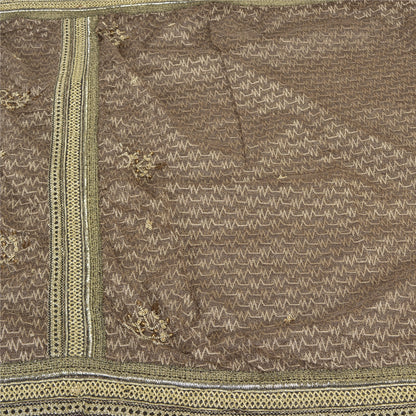 Sanskriti Vintage Brown Saree Net Mesh Hand Beaded Woven Fabric Sari