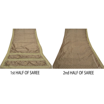 Sanskriti Vintage Brown Saree Net Mesh Hand Beaded Woven Fabric Sari