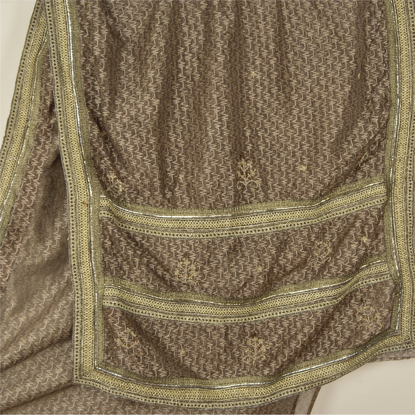 Sanskriti Vintage Brown Saree Net Mesh Hand Beaded Woven Fabric Sari