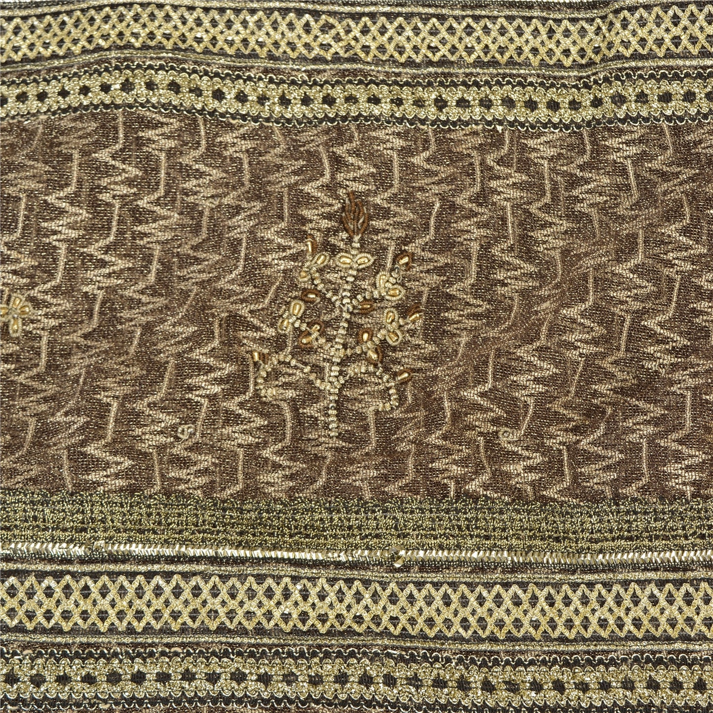 Sanskriti Vintage Brown Saree Net Mesh Hand Beaded Woven Fabric Sari