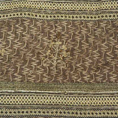 Sanskriti Vintage Brown Saree Net Mesh Hand Beaded Woven Fabric Sari