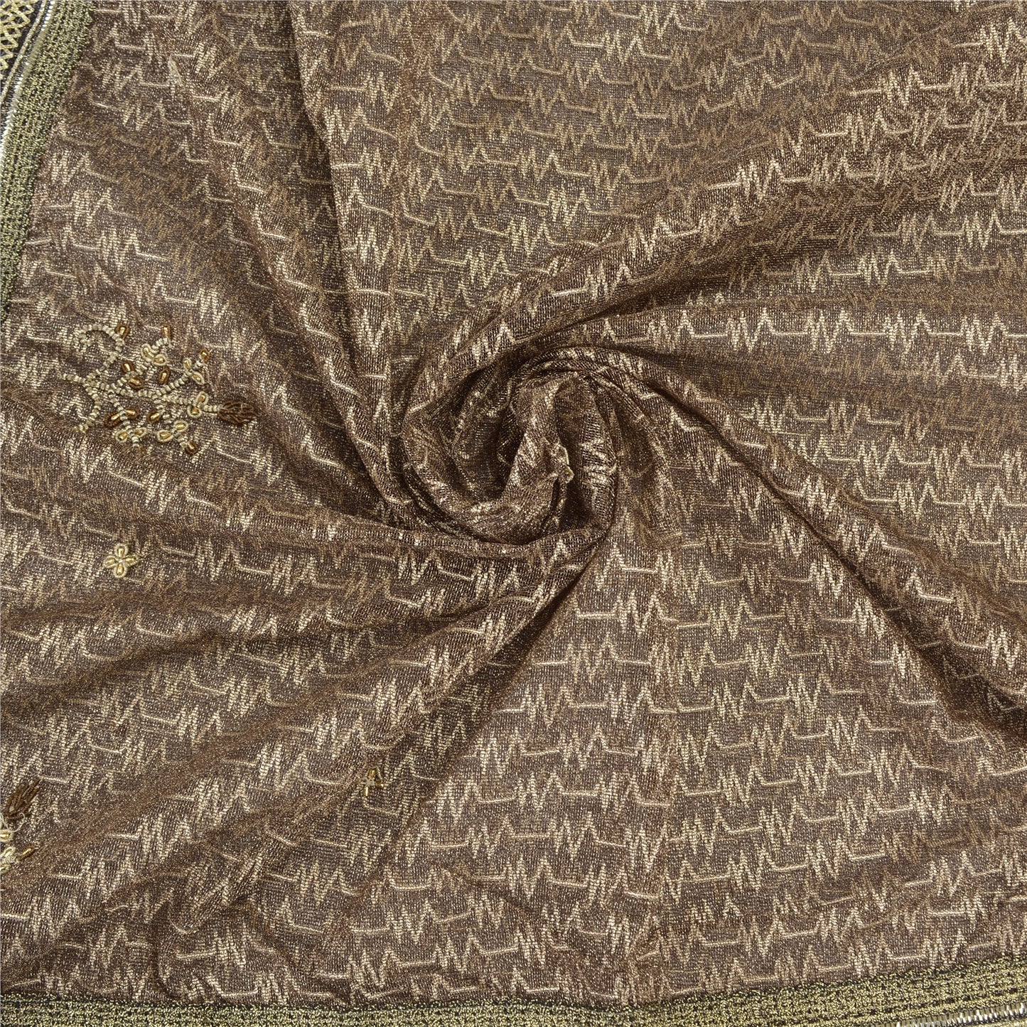 Sanskriti Vintage Brown Saree Net Mesh Hand Beaded Woven Fabric Sari