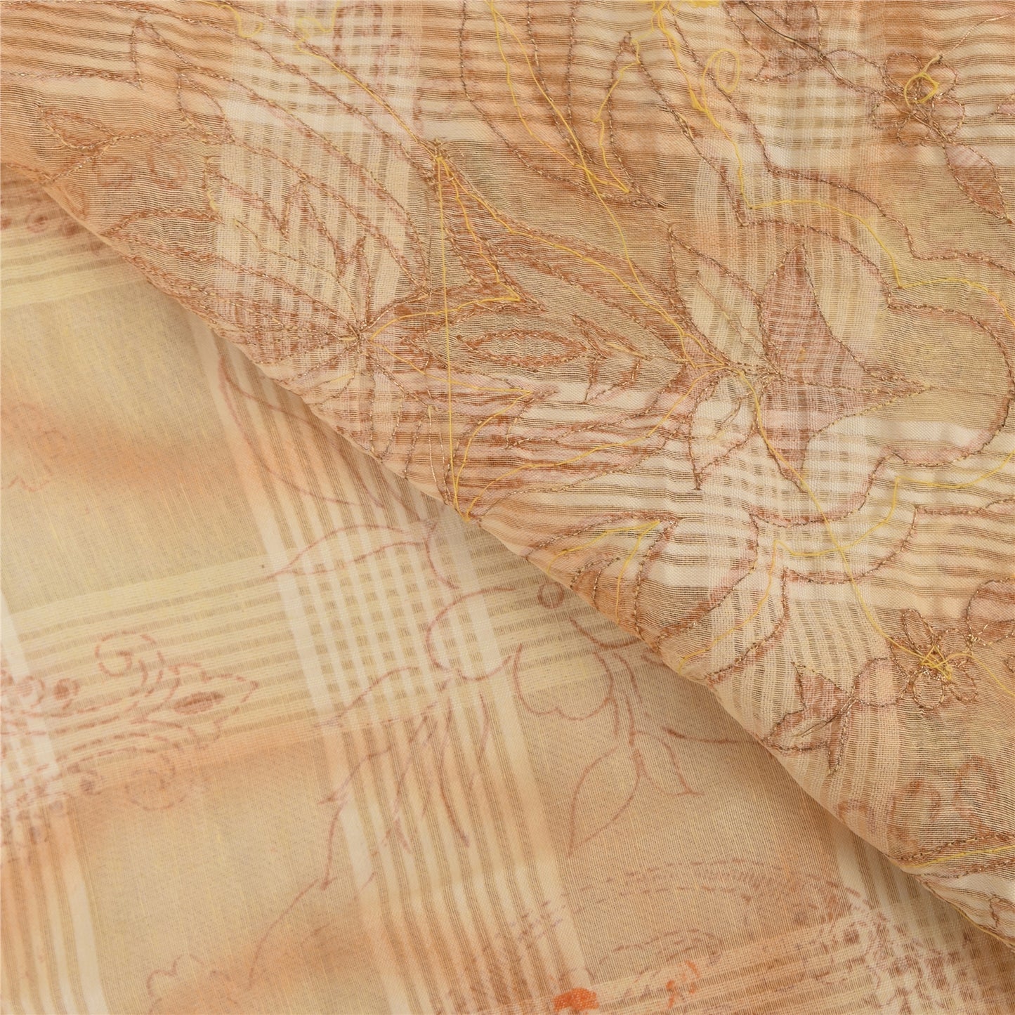 Sanskriti Vintage Cream Sarees Pure Cotton Hand Beaded Printed Sari Craft Fabric