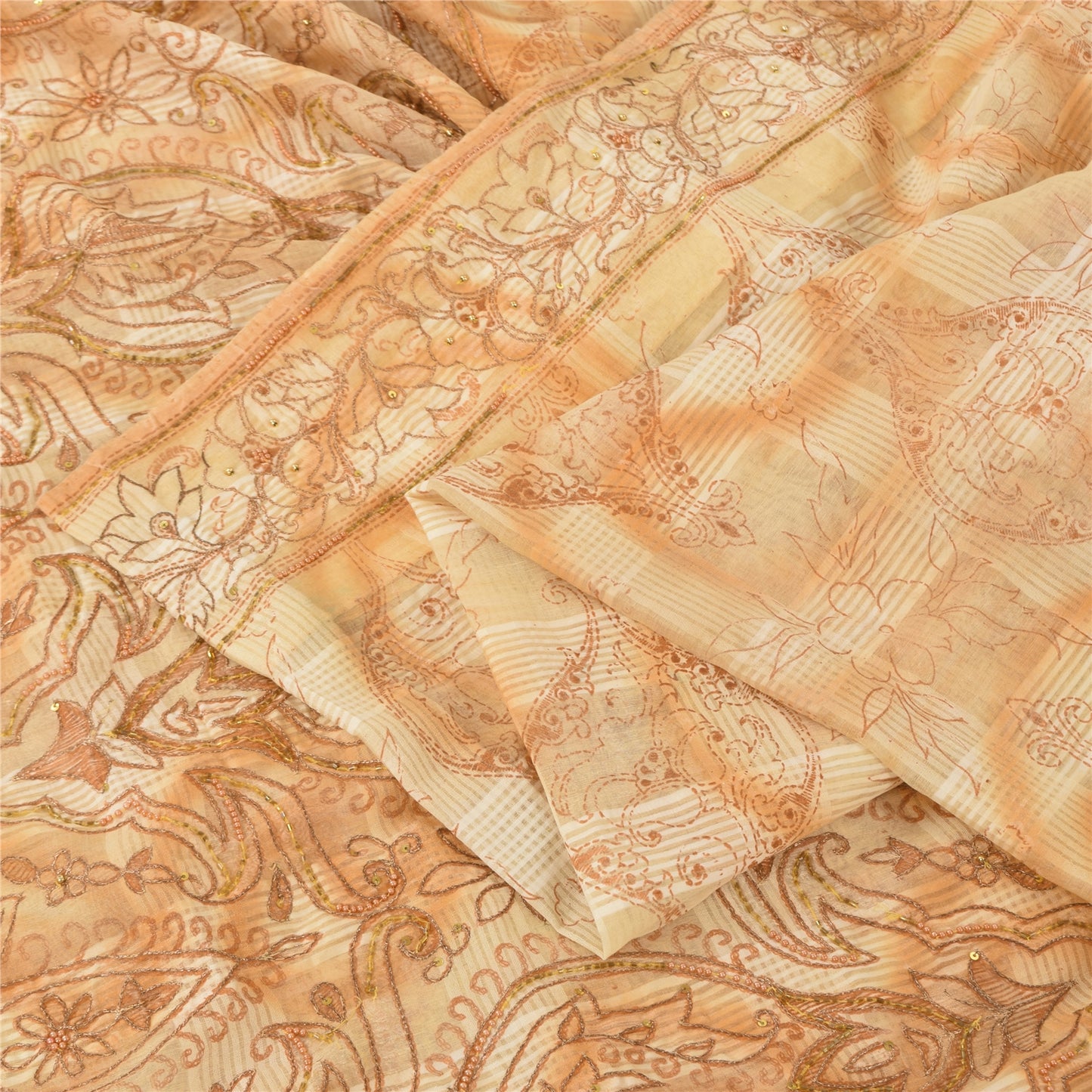 Sanskriti Vintage Cream Sarees Pure Cotton Hand Beaded Printed Sari Craft Fabric