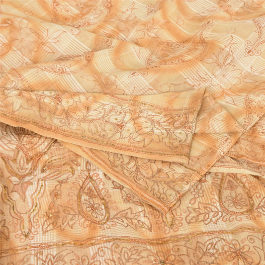 Sanskriti Vintage Sari 100% Pure Cotton Cream Saree Hand Beaded Print 5yd Craft Fabric Pre-owned Indian Saree Fabric Upcycled Remnant