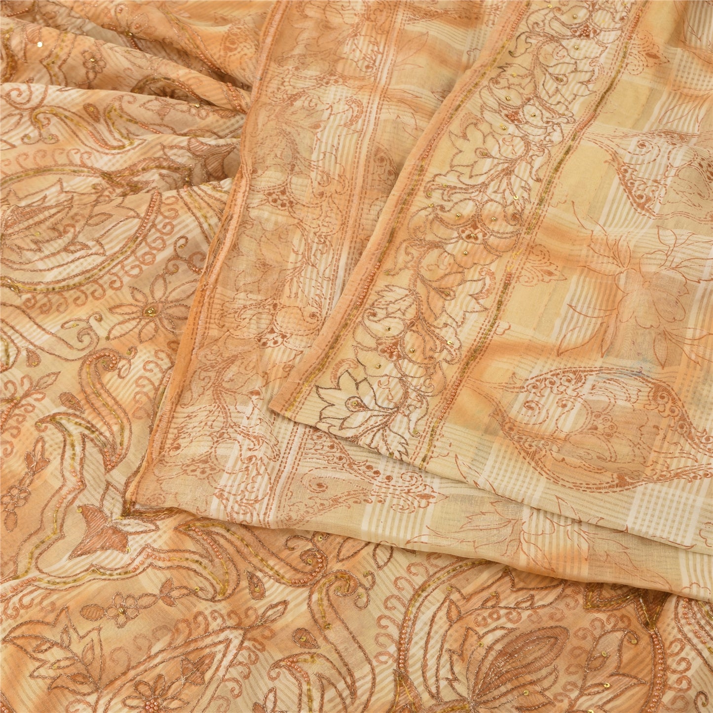 Sanskriti Vintage Cream Sarees Pure Cotton Hand Beaded Printed Sari Craft Fabric