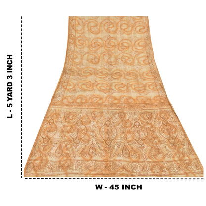 Sanskriti Vintage Cream Sarees Pure Cotton Hand Beaded Printed Sari Craft Fabric