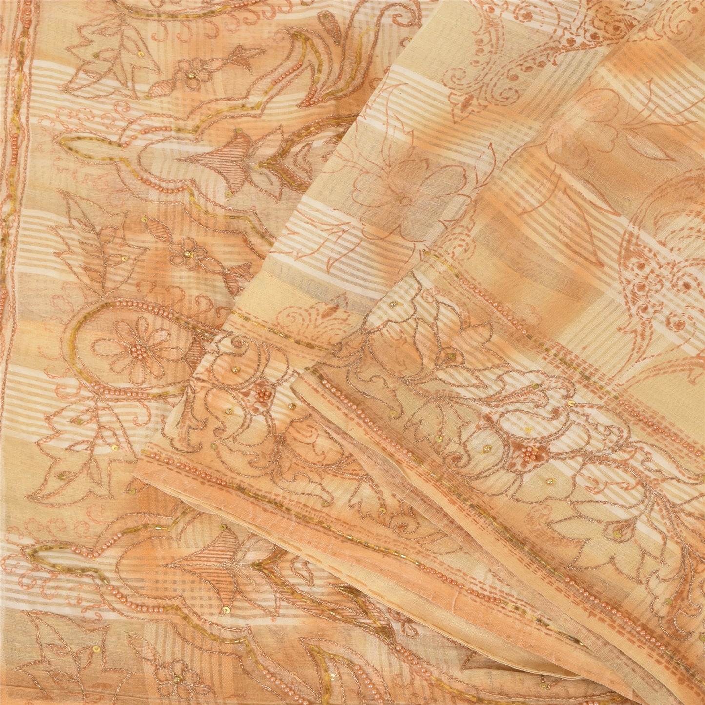 Sanskriti Vintage Cream Sarees Pure Cotton Hand Beaded Printed Sari Craft Fabric
