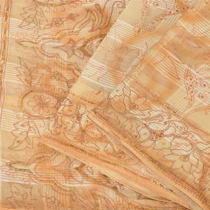 Sanskriti Vintage Cream Sarees Pure Cotton Hand Beaded Printed Sari Craft Fabric