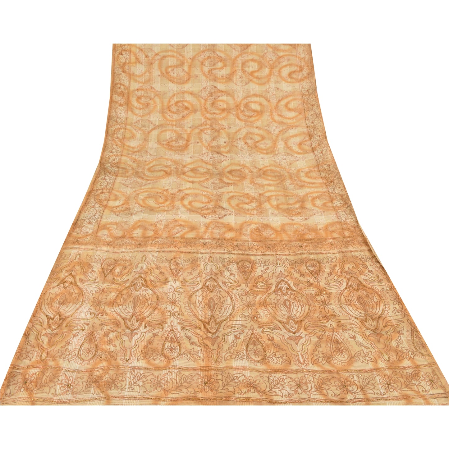 Sanskriti Vintage Cream Sarees Pure Cotton Hand Beaded Printed Sari Craft Fabric