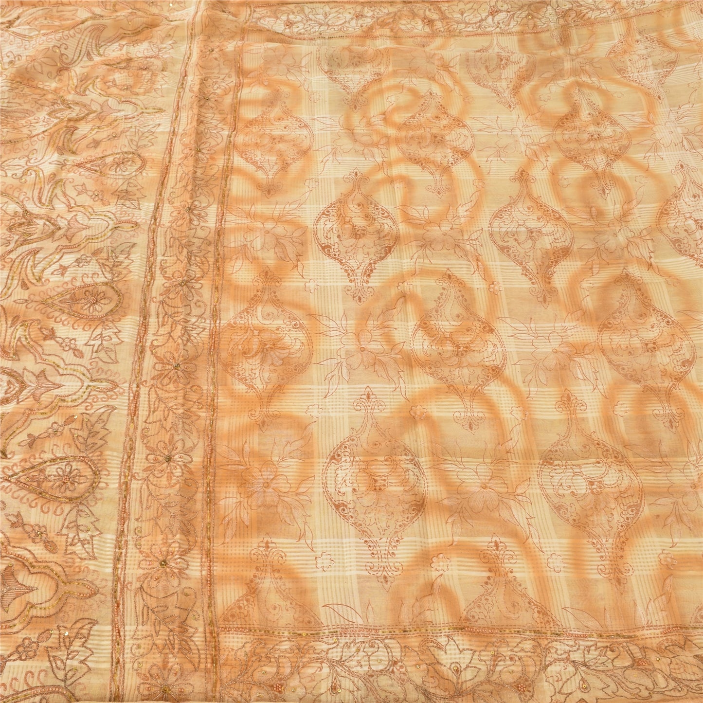 Sanskriti Vintage Cream Sarees Pure Cotton Hand Beaded Printed Sari Craft Fabric