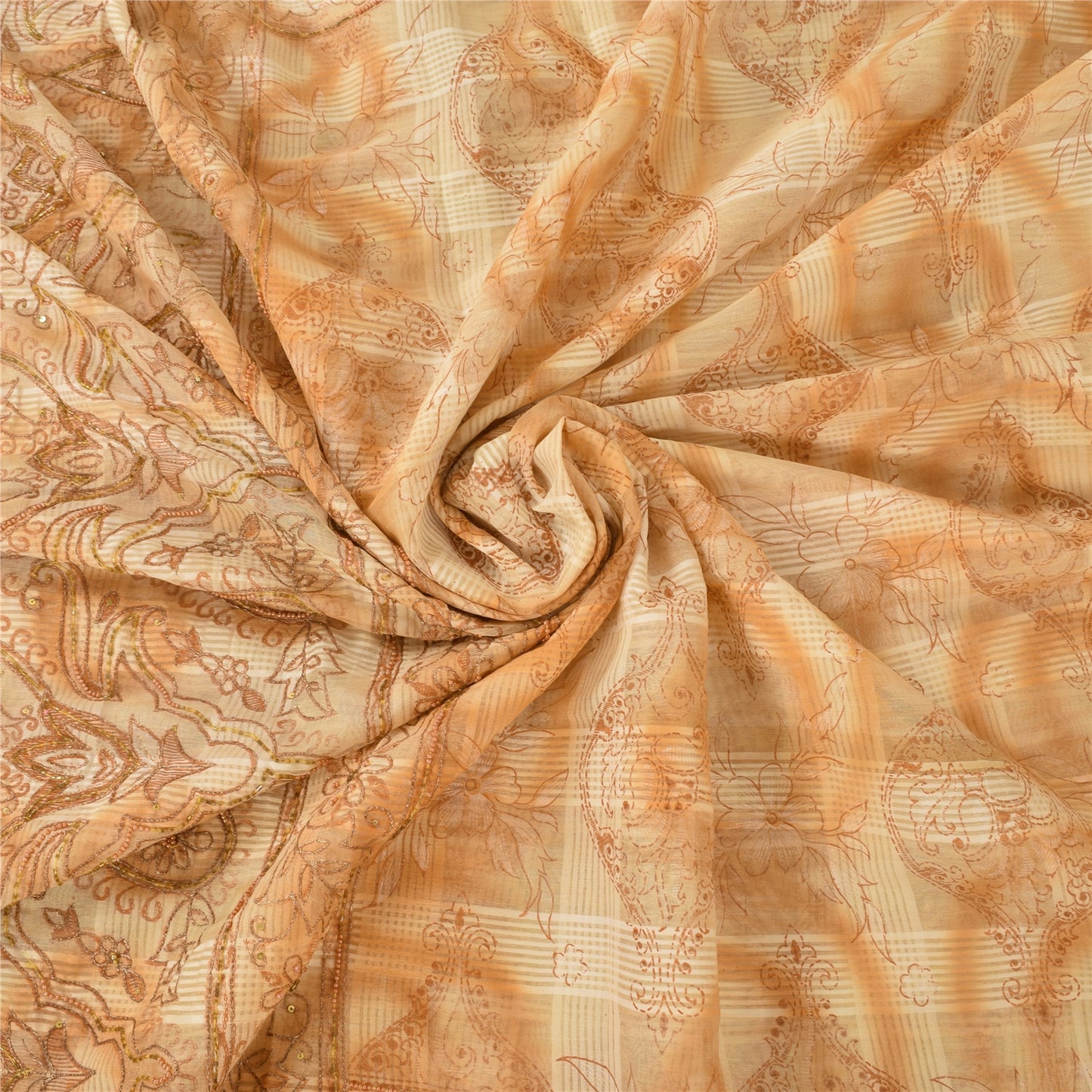 Sanskriti Vintage Cream Sarees Pure Cotton Hand Beaded Printed Sari Craft Fabric