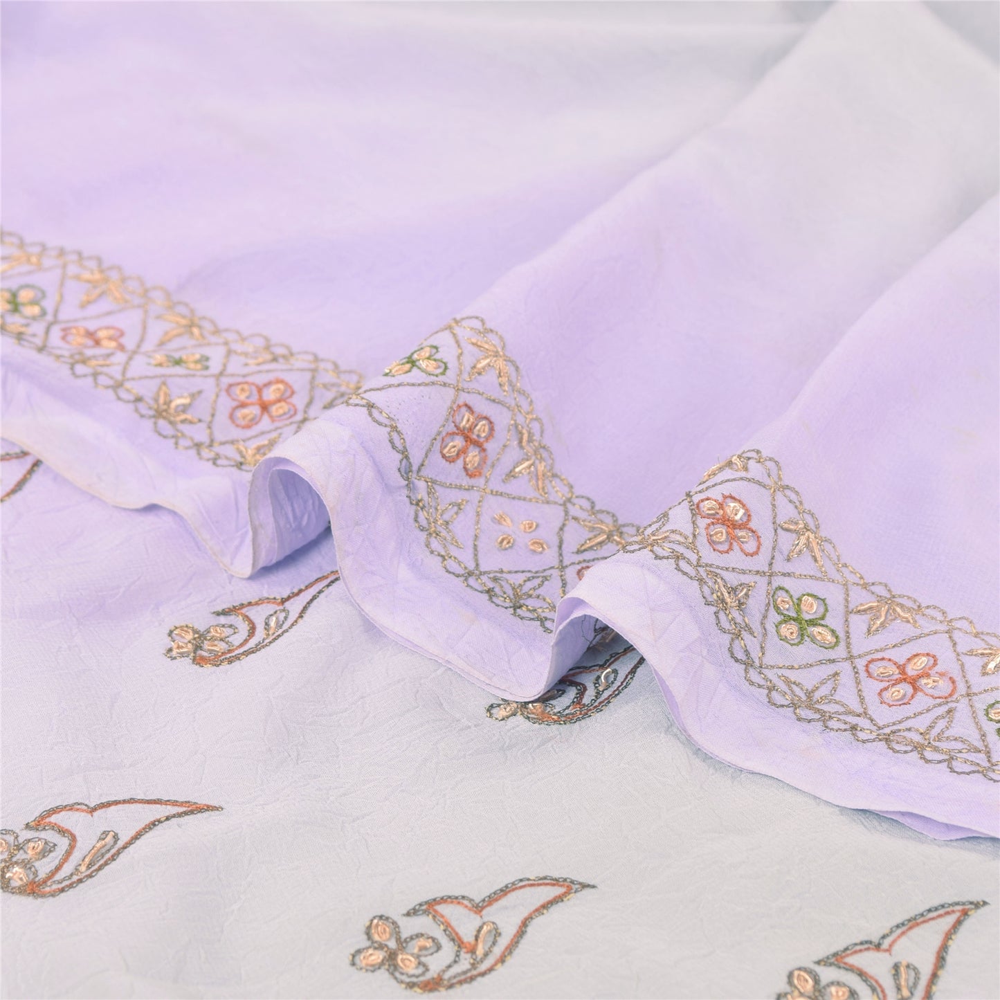 Sanskriti Vintage Lavender Sari Georgette Hand Beaded Craft Fabric Floral Sarees