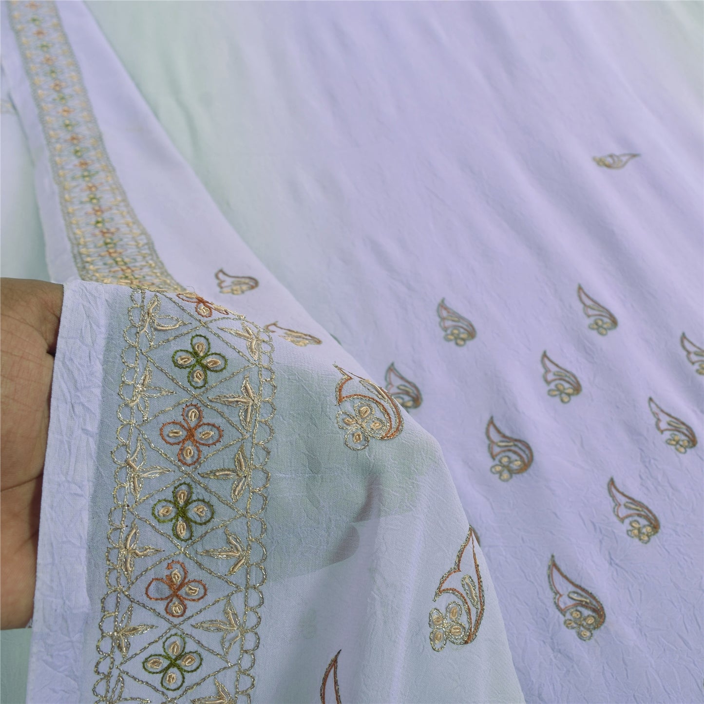 Sanskriti Vintage Lavender Sari Georgette Hand Beaded Craft Fabric Floral Sarees