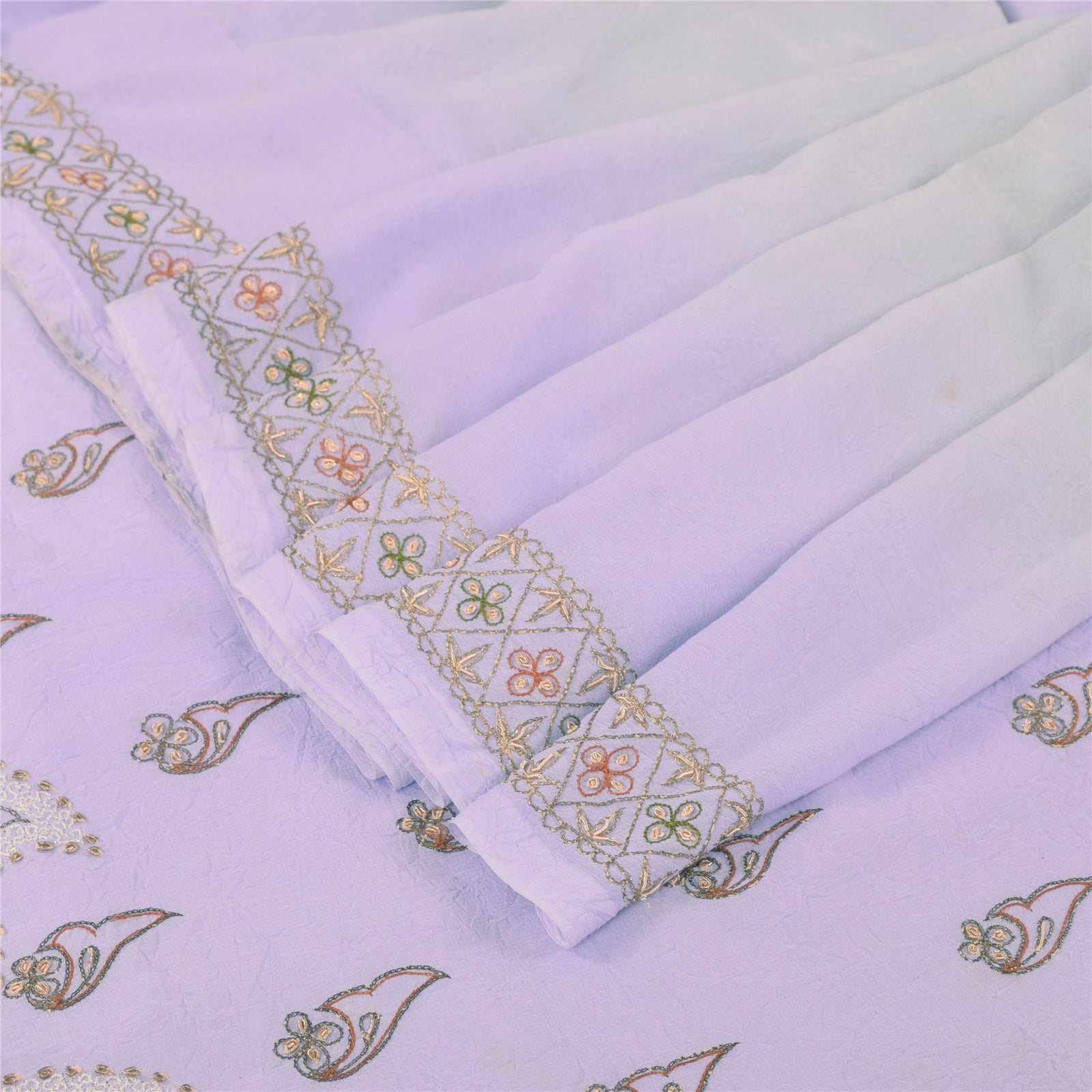 Sanskriti Vintage Lavender Sari Georgette Hand Beaded Craft Fabric Floral Sarees