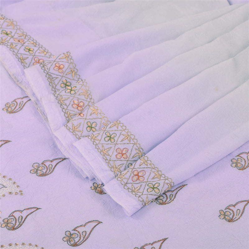 Sanskriti Vintage Lavender Sari Georgette Hand Beaded Craft Fabric Floral Sarees