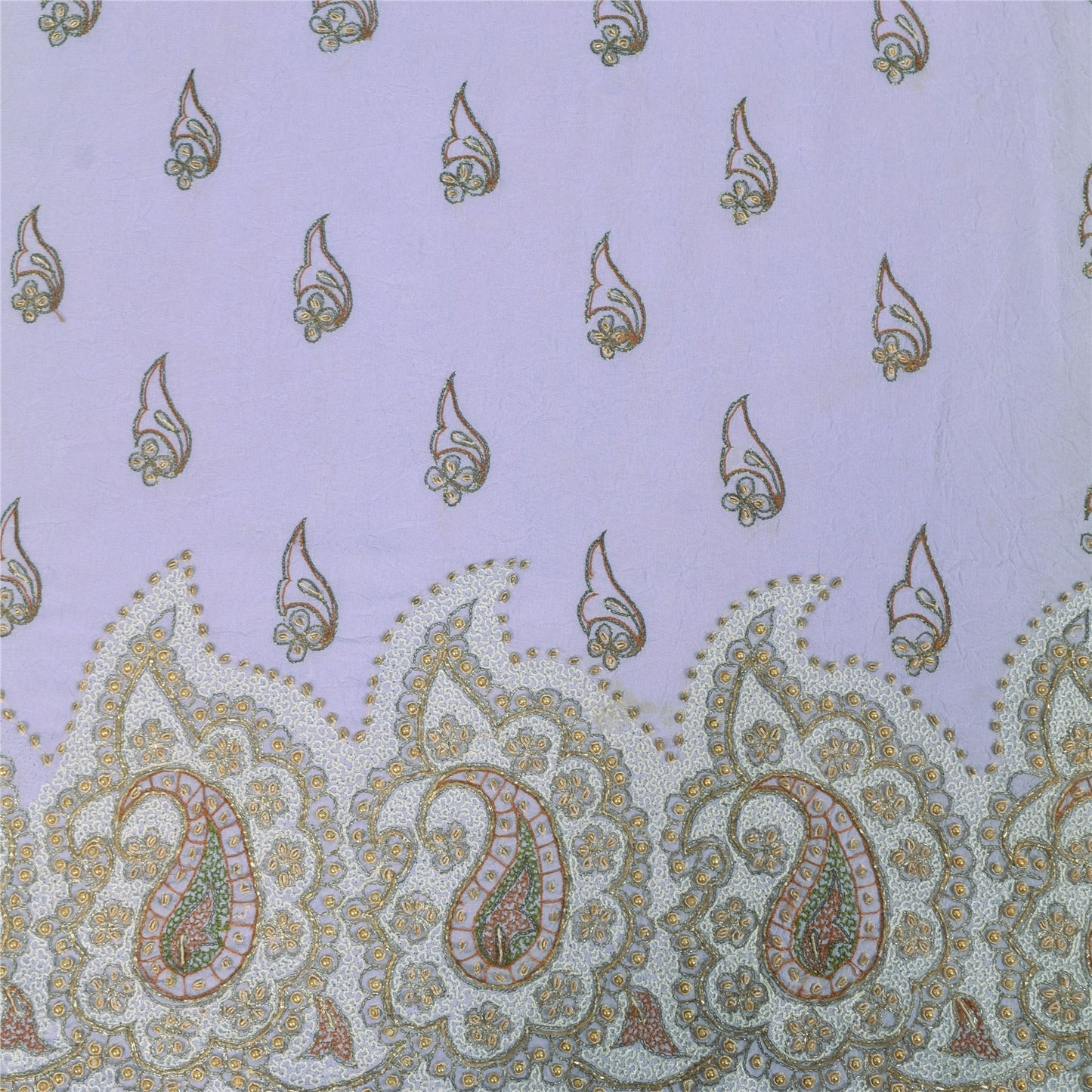 Sanskriti Vintage Lavender Sari Georgette Hand Beaded Craft Fabric Floral Sarees