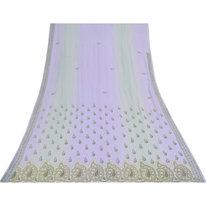 Sanskriti Vintage Lavender Sari Georgette Hand Beaded Craft Fabric Floral Sarees