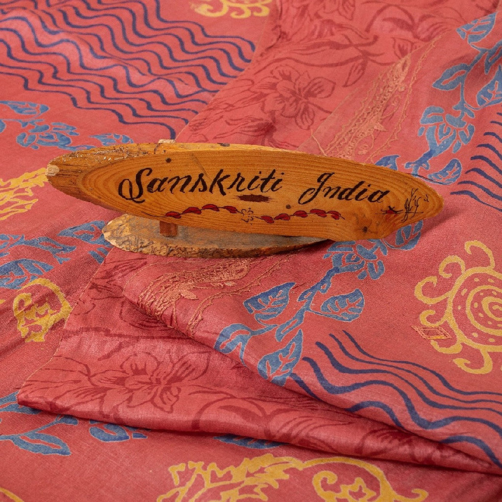 Sanskriti Vintage Pink Sarees Pure Silk Hand Beaded Craft Sustainable Fabric Printed Sari
