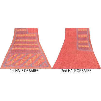 Sanskriti Vintage Pink Sarees Pure Silk Hand Beaded Craft Sustainable Fabric Printed Sari
