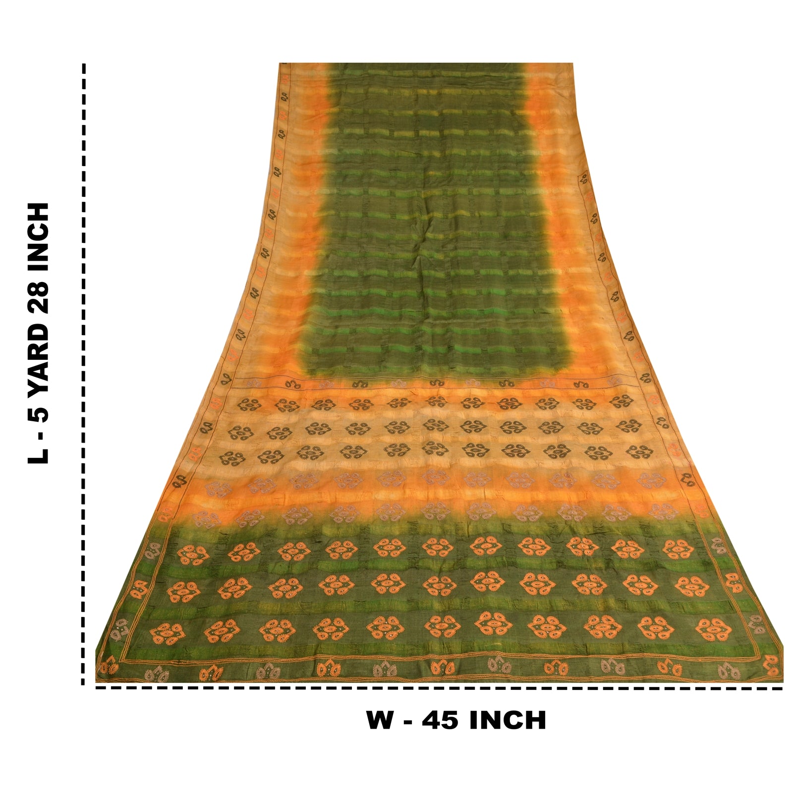 Sanskriti Vintage Green/Saffron Saree Pure Silk Hand Embroidered Fabric Sari