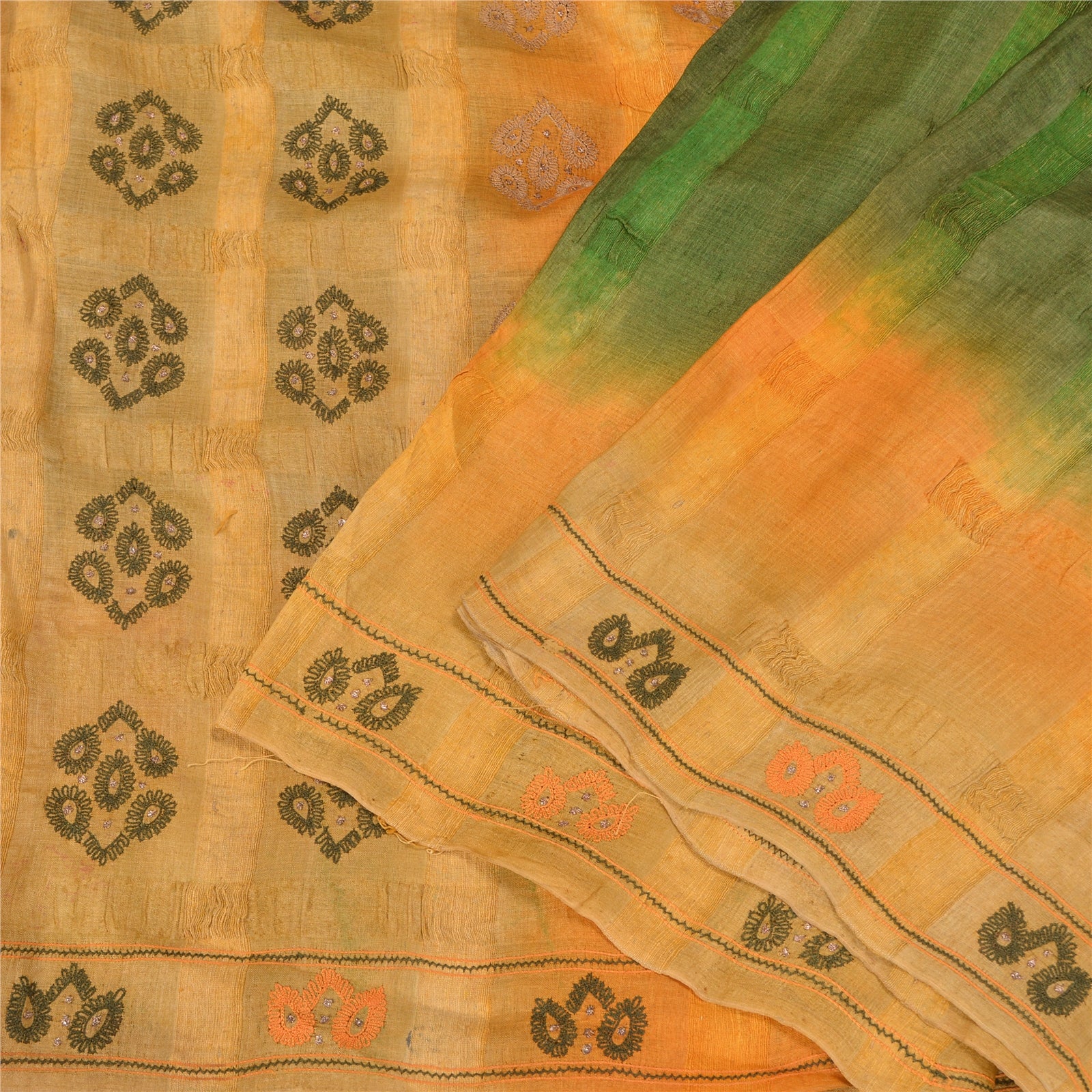 Sanskriti Vintage Green/Saffron Saree Pure Silk Hand Embroidered Fabric Sari