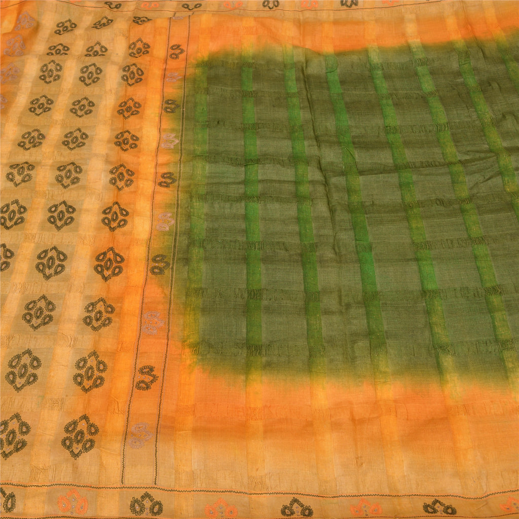 Sanskriti Vintage Green/Saffron Saree Pure Silk Hand Embroidered Fabric Sari