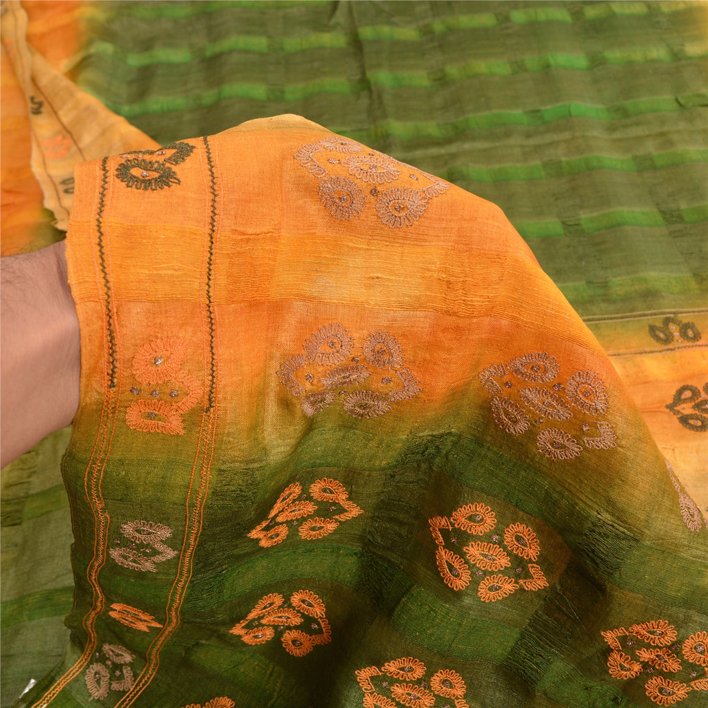 Sanskriti Vintage Green/Saffron Saree Pure Silk Hand Embroidered Fabric Sari