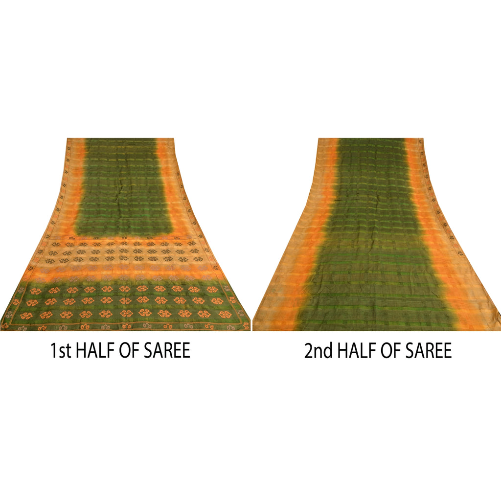 Sanskriti Vintage Green/Saffron Saree Pure Silk Hand Embroidered Fabric Sari