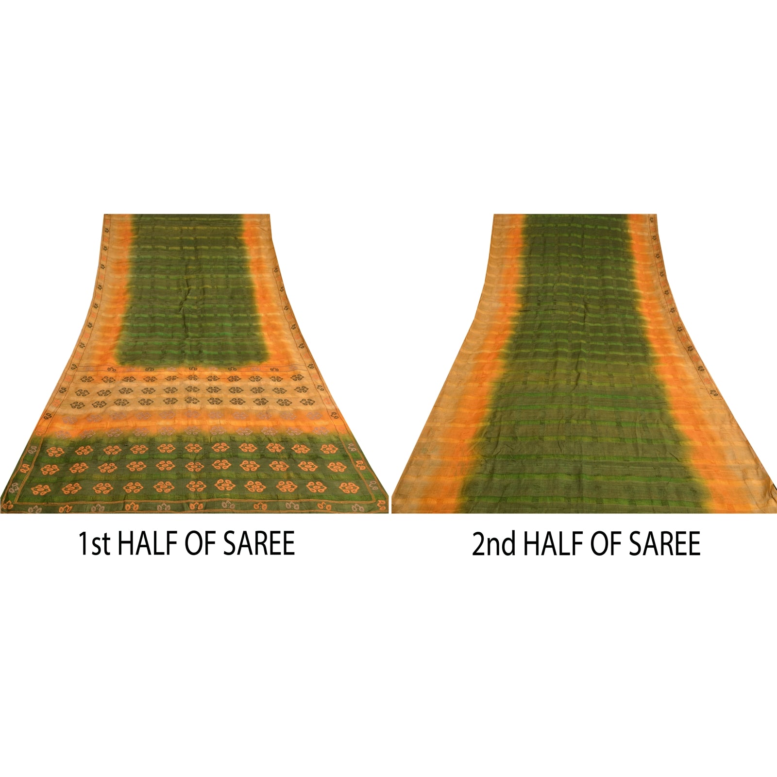Sanskriti Vintage Green/Saffron Saree Pure Silk Hand Embroidered Fabric Sari