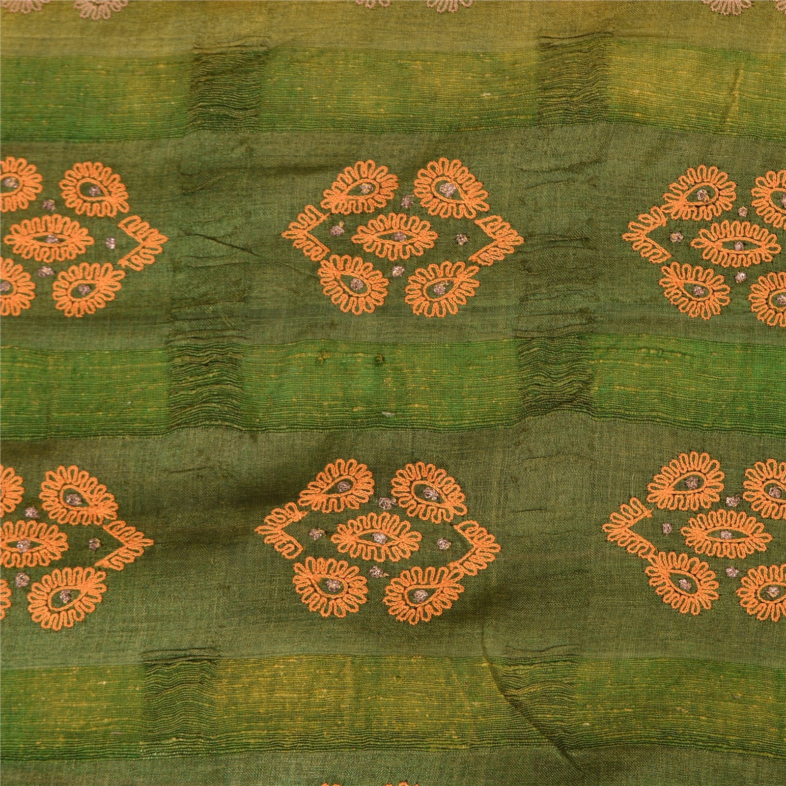 Sanskriti Vintage Green/Saffron Saree Pure Silk Hand Embroidered Fabric Sari