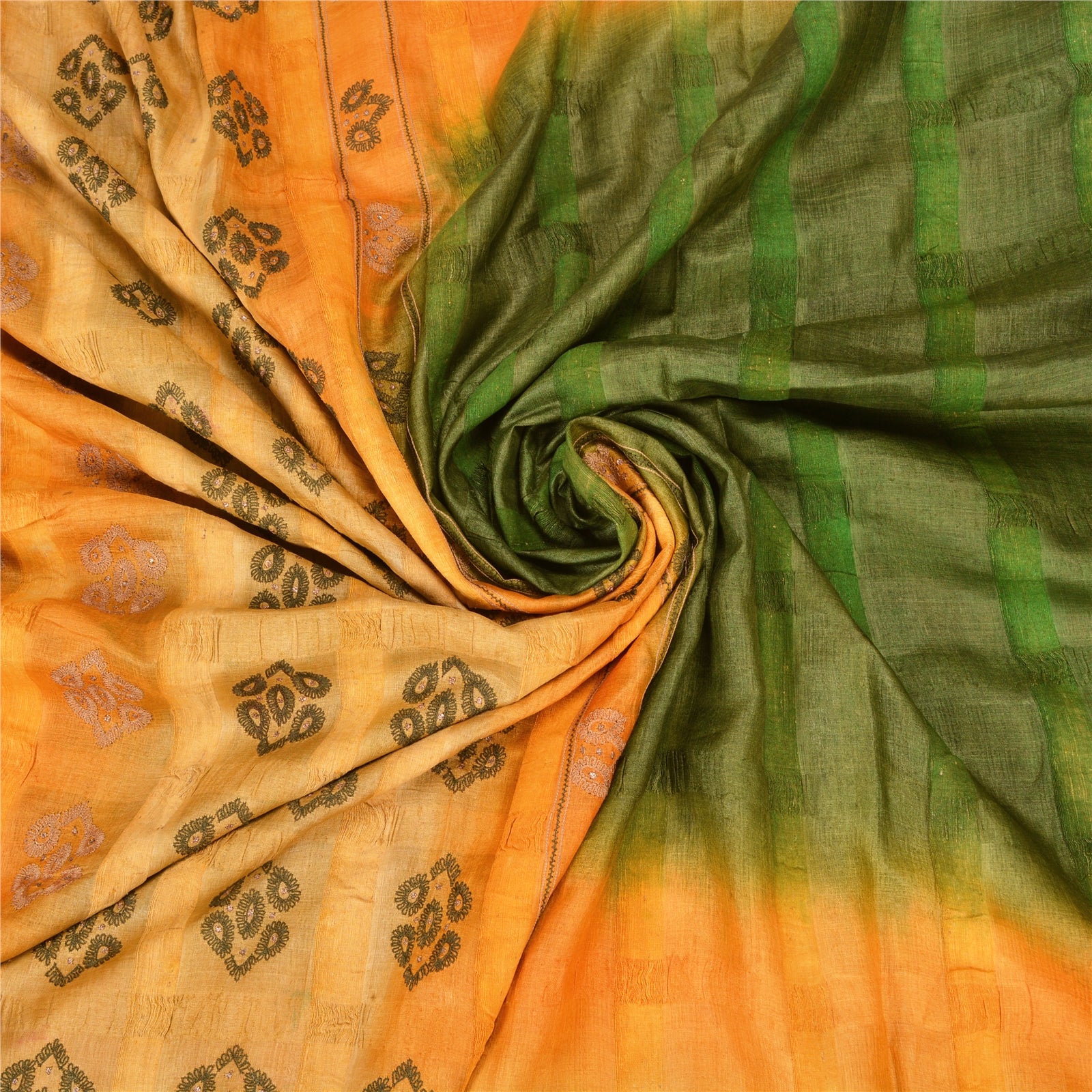 Sanskriti Vintage Green/Saffron Saree Pure Silk Hand Embroidered Fabric Sari