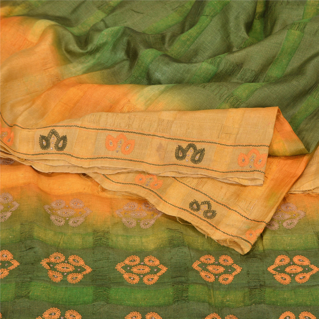 Sanskriti Vintage Green/Saffron Saree Pure Silk Hand Embroidered Fabric Sari