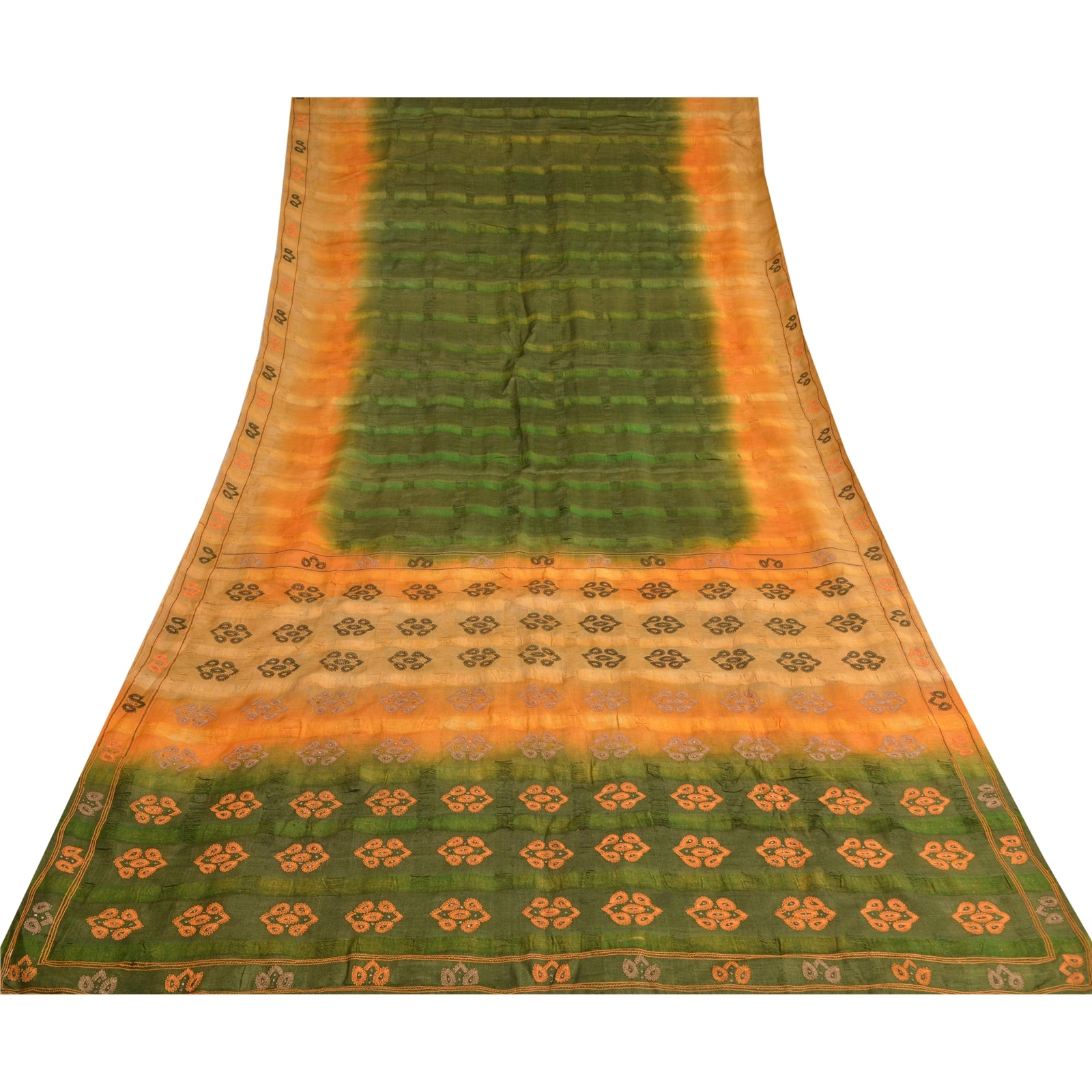Sanskriti Vintage Green/Saffron Saree Pure Silk Hand Embroidered Fabric Sari