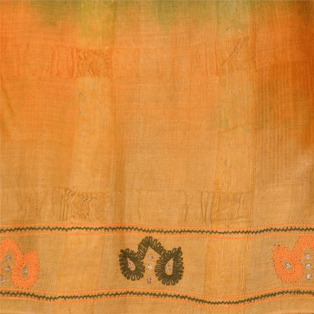 Sanskriti Vintage Green/Saffron Saree Pure Silk Hand Embroidered Fabric Sari