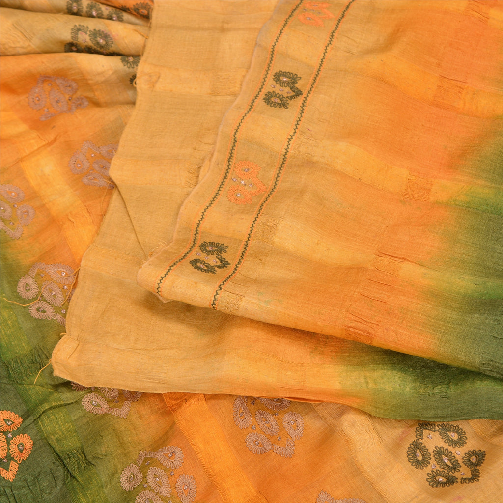 Sanskriti Vintage Green/Saffron Saree Pure Silk Hand Embroidered Fabric Sari