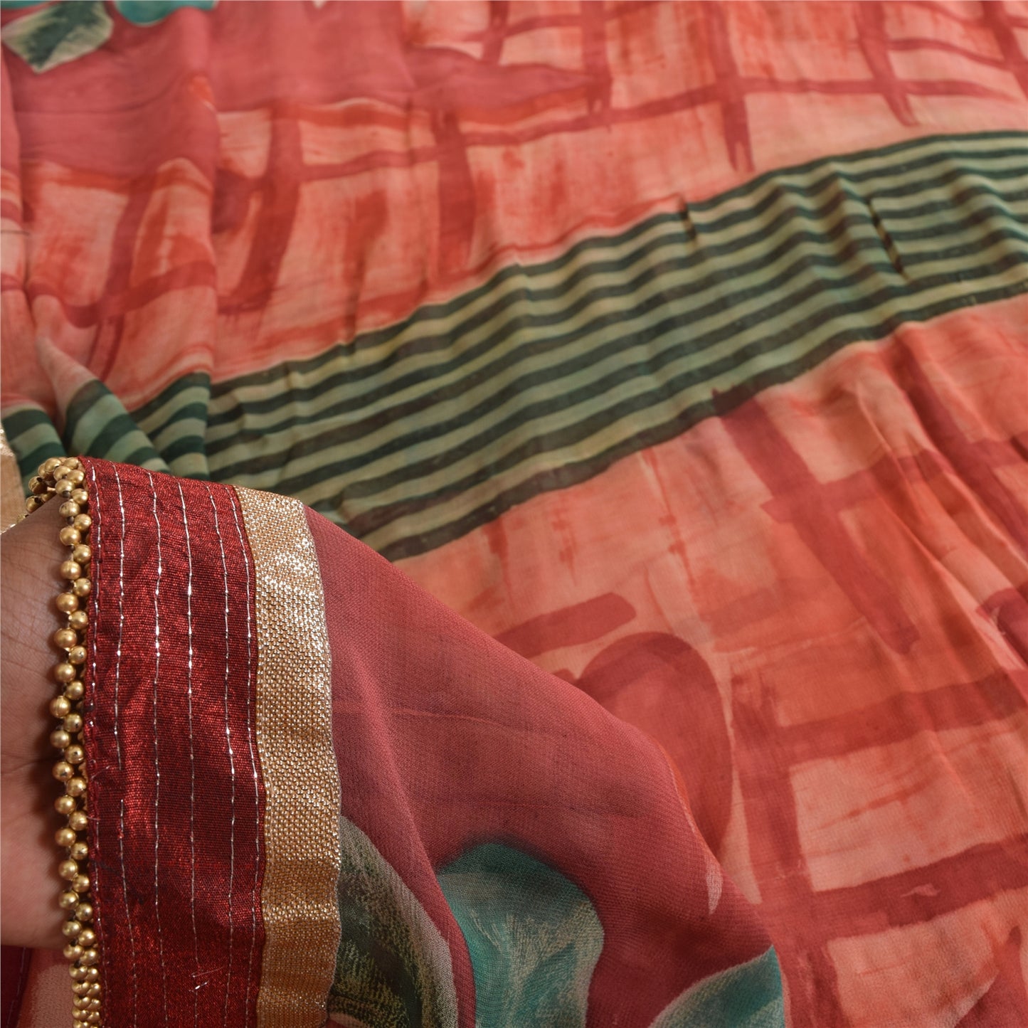 Sanskriti Vintage Red Saree Pure Georgette Embroidered Fabric 6yrd Craft Sari