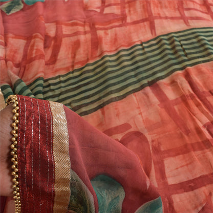 Sanskriti Vintage Red Saree Pure Georgette Embroidered Fabric 6yrd Craft Sari