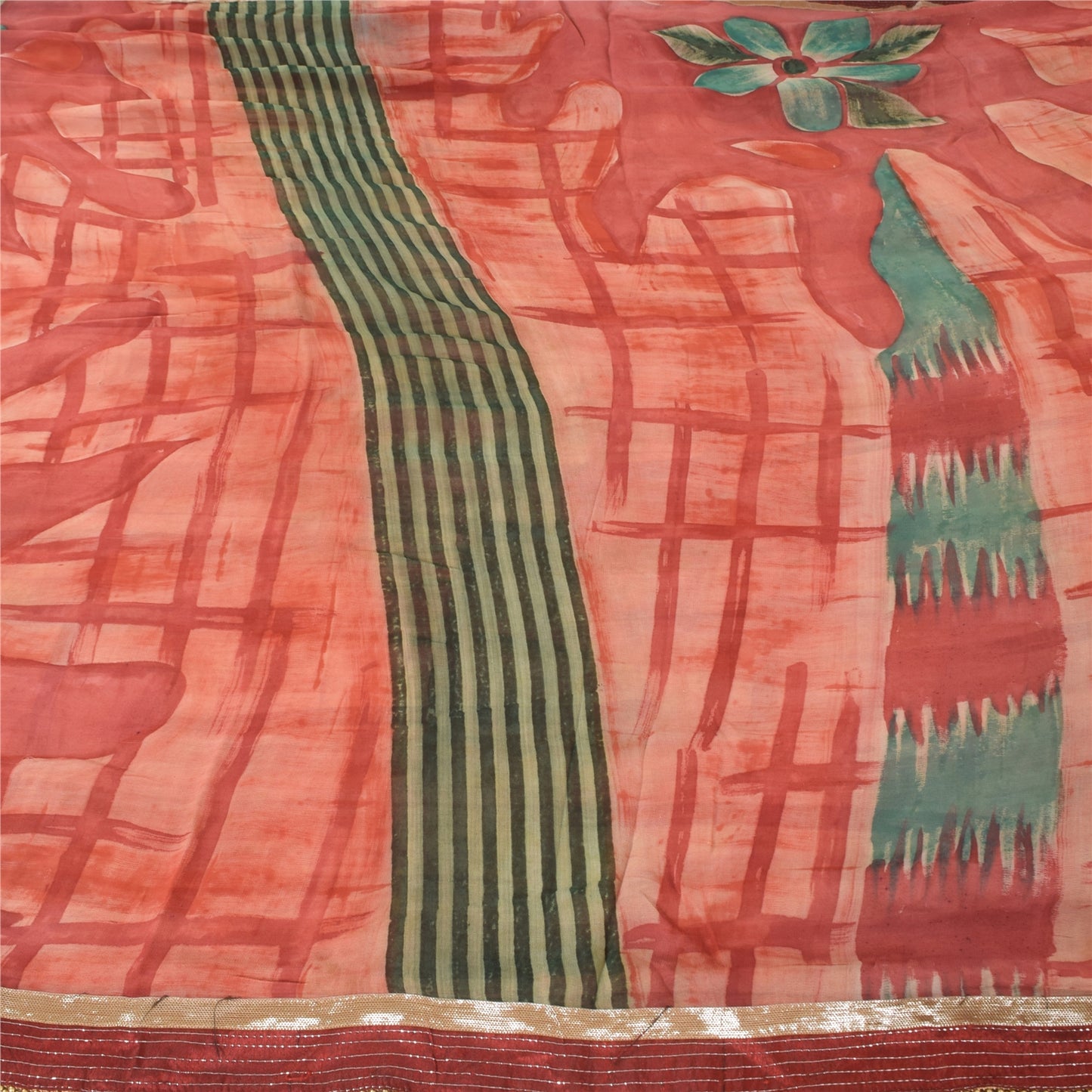 Sanskriti Vintage Red Saree Pure Georgette Embroidered Fabric 6yrd Craft Sari