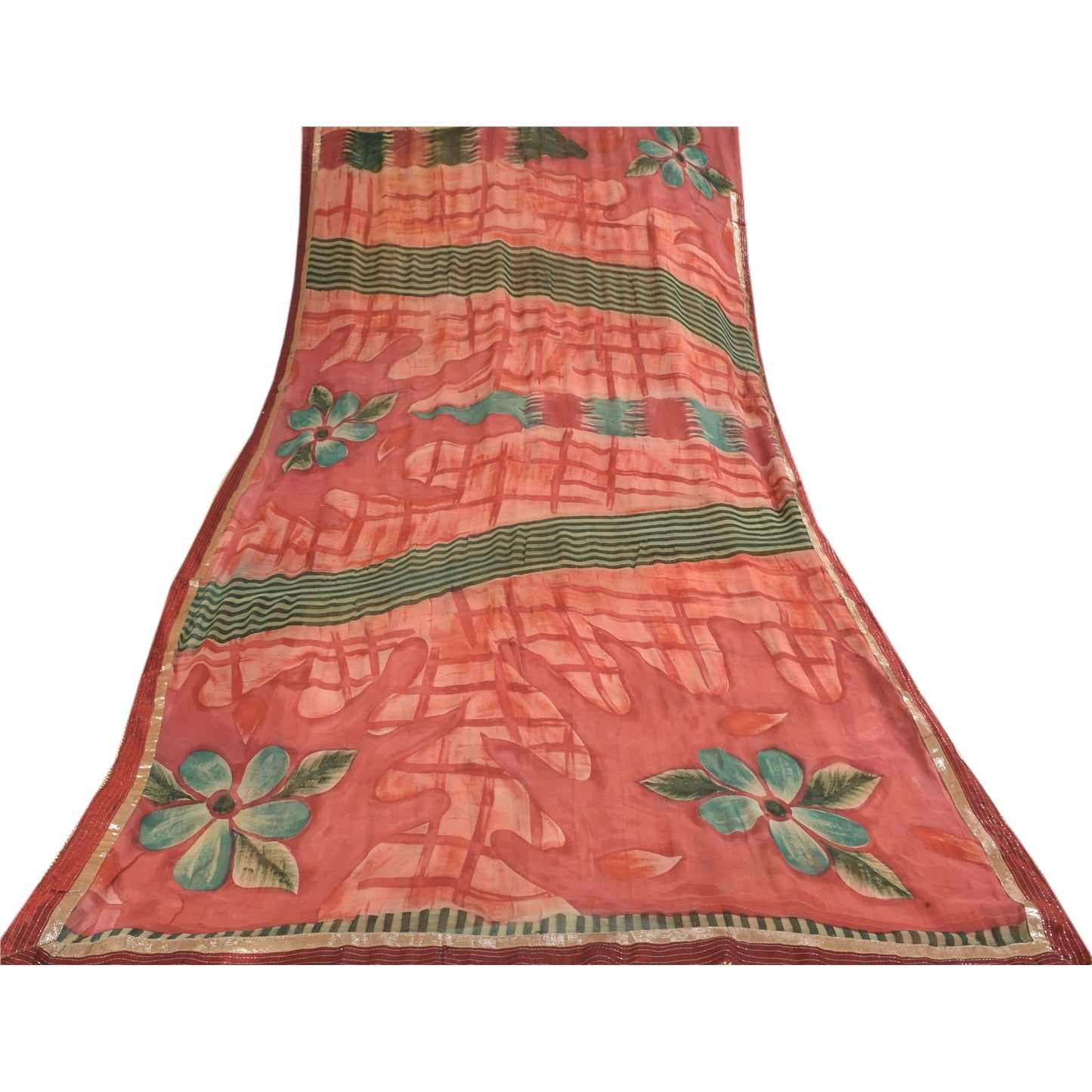 Sanskriti Vintage Red Saree Pure Georgette Embroidered Fabric 6yrd Craft Sari