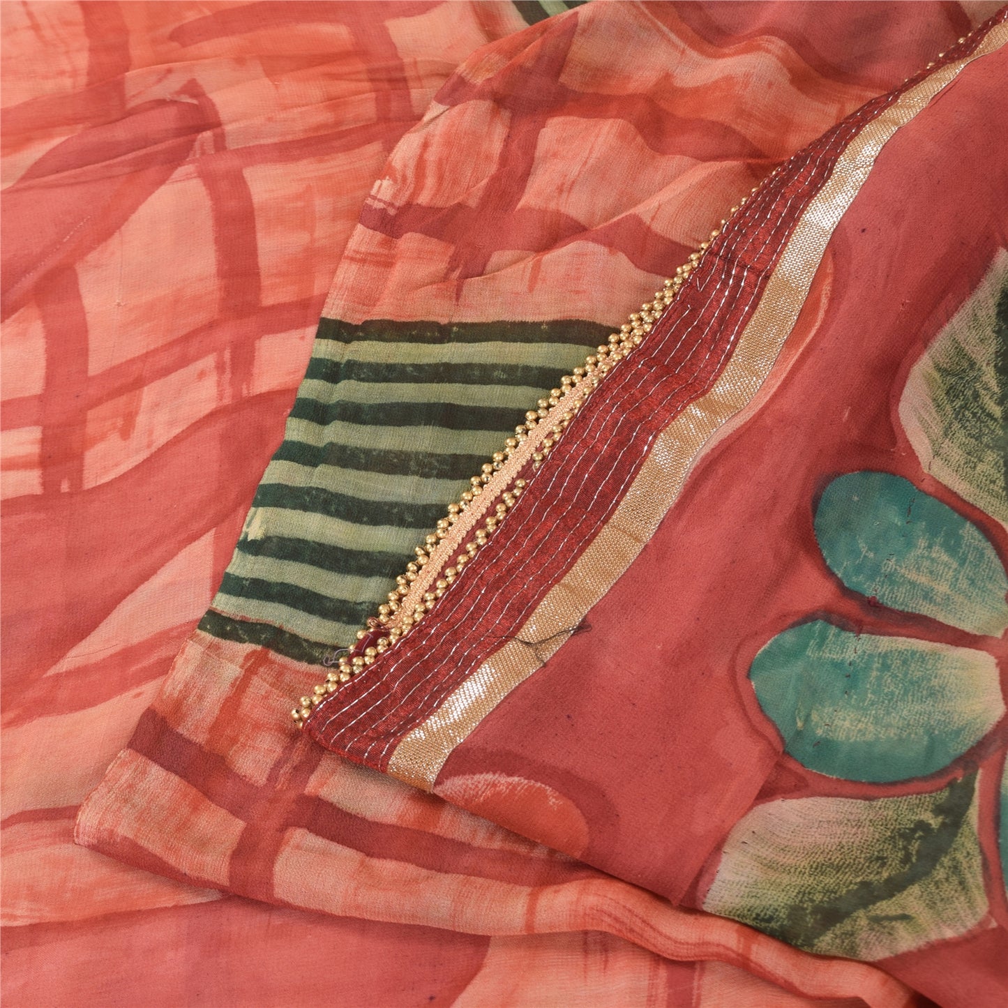 Sanskriti Vintage Red Saree Pure Georgette Embroidered Fabric 6yrd Craft Sari