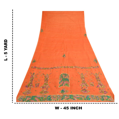 Sanskriti Vintage Orange Saree Pure Cotton Hand Beaded Fabric Craft Sari