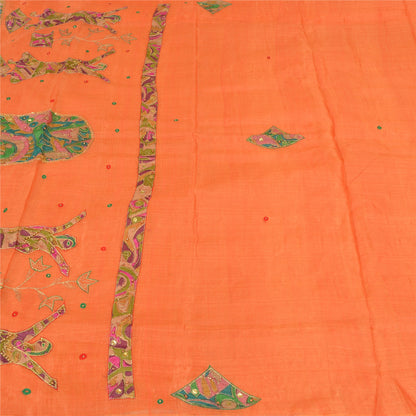 Sanskriti Vintage Orange Saree Pure Cotton Hand Beaded Fabric Craft Sari